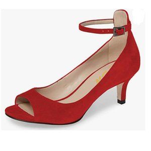YDN Red Peep Toe Kitten Low Heel Sandals Ankle Straps Pumps Party Shoes